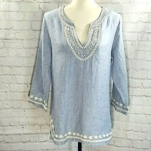 Vineyard Vines Blue And White Embroidered Linen Tunic